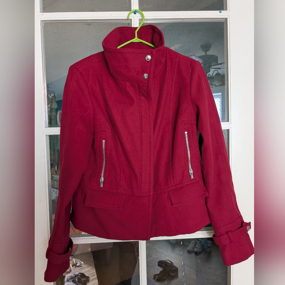 NWT Express Moto Jacket Pea Coat with Funnel Neck in Red size large - Picture 6 of 8